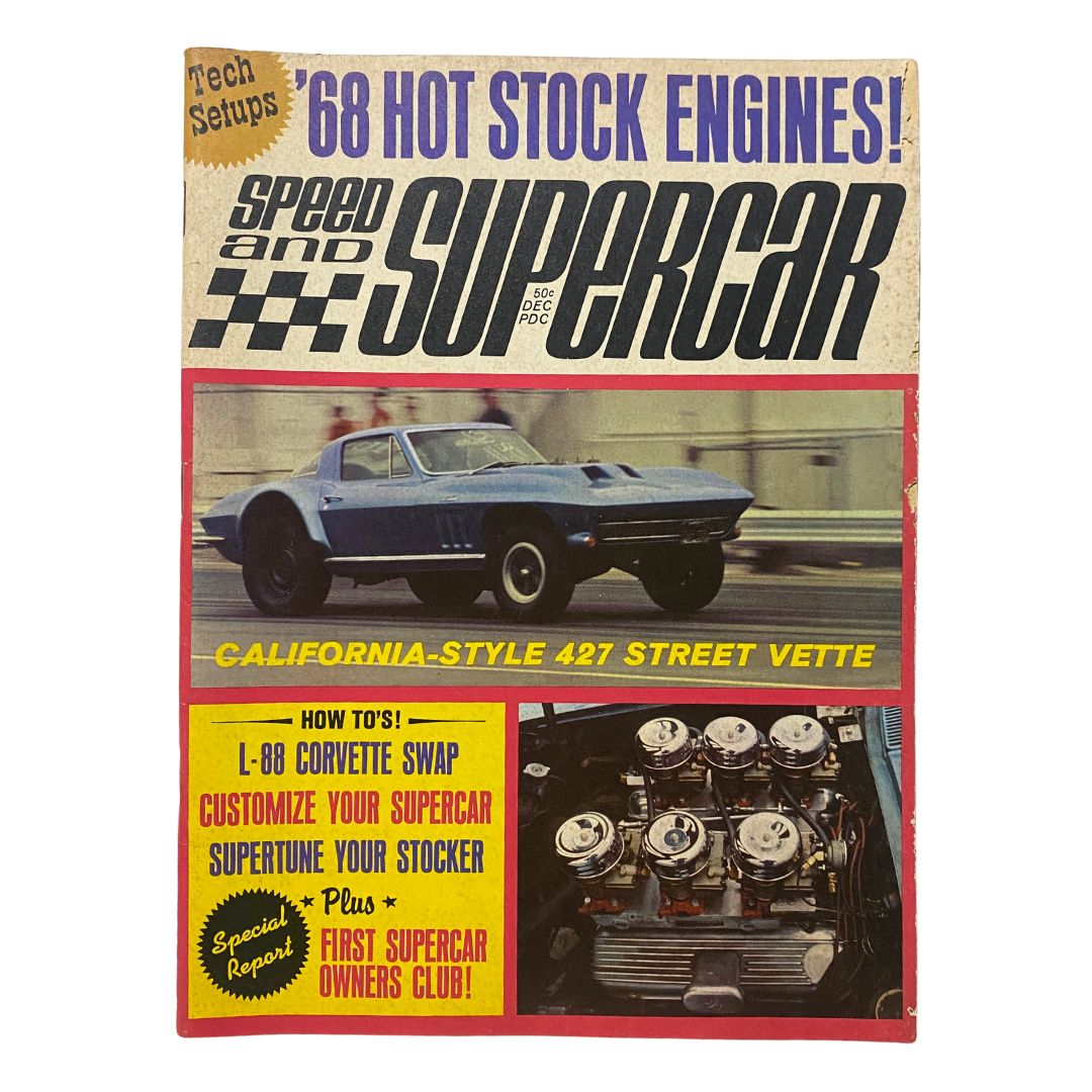 VTG Speed and Supercar Magazine December 1967 cover featuring the iconic California-style 427 Street Vette, showcasing automotive performance with bold colors and striking graphics.