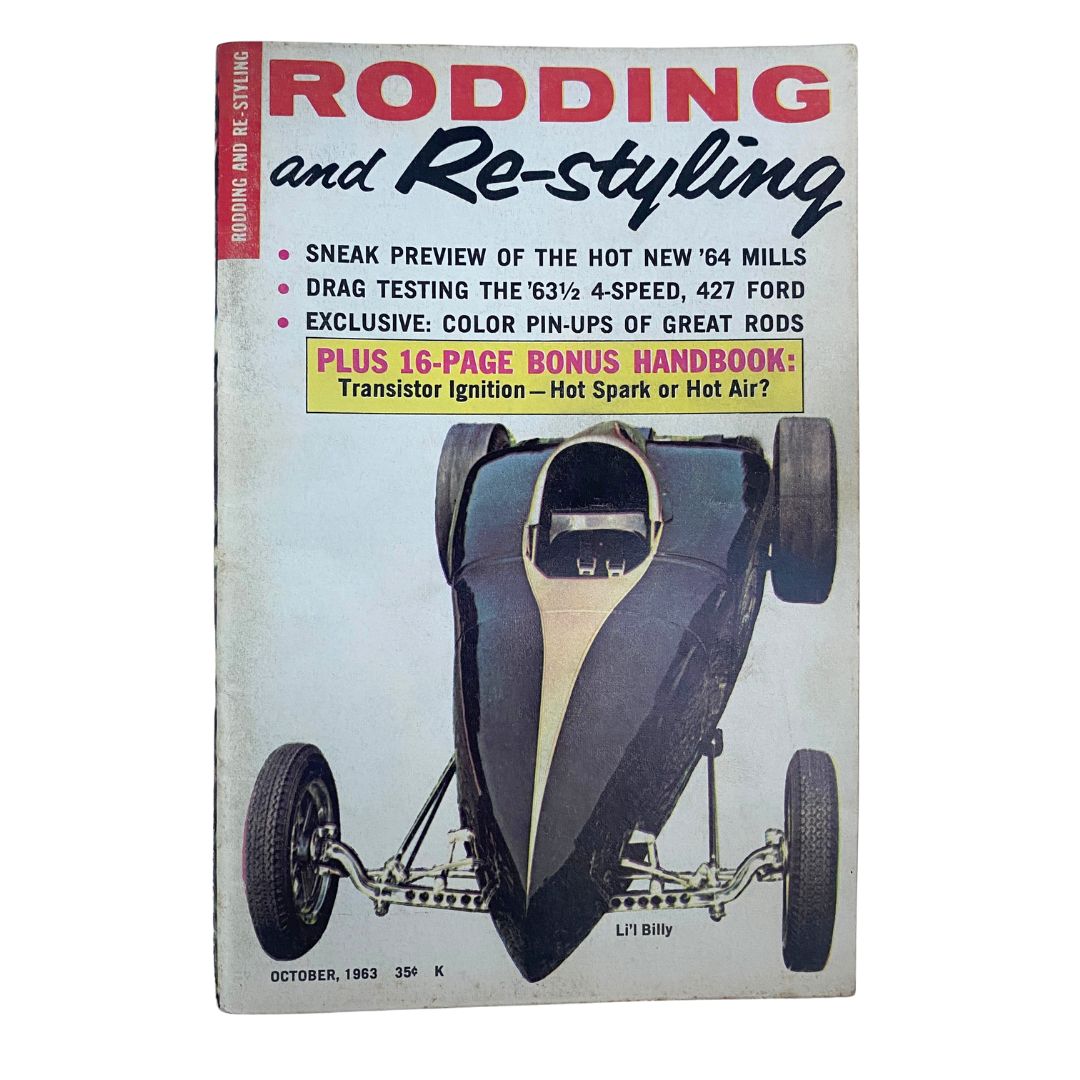 Cover of Rodding & Re-Styling Magazine October 1963 featuring drag-testing Ford's 427, showcasing a classic dragster with a preview of new engines and a bonus handbook on transistor ignition.