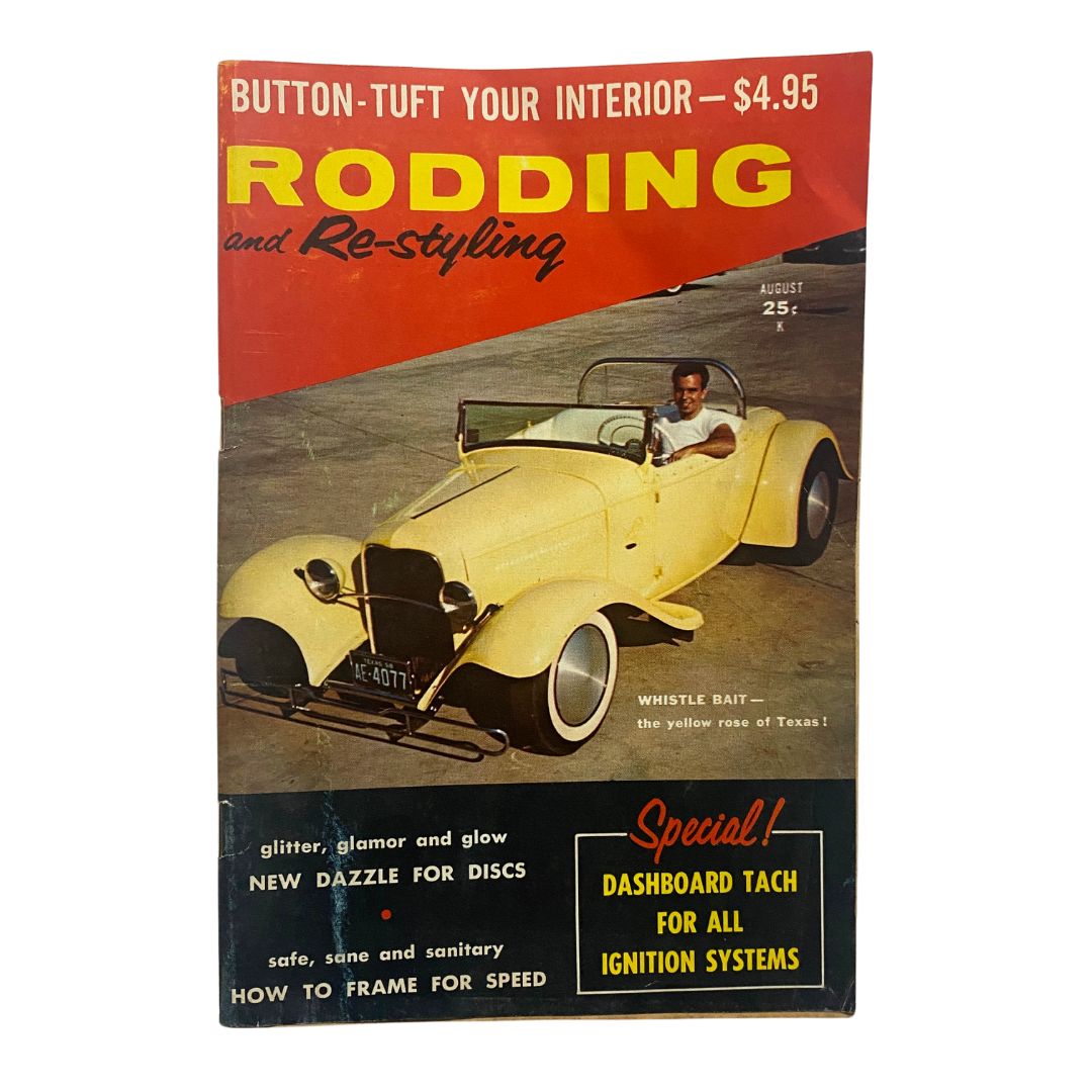 VTG Rodding & Re-Styling Magazine August 1959 cover featuring the Whistle Bait of Texas, showcasing a vintage yellow car and vibrant retro design.