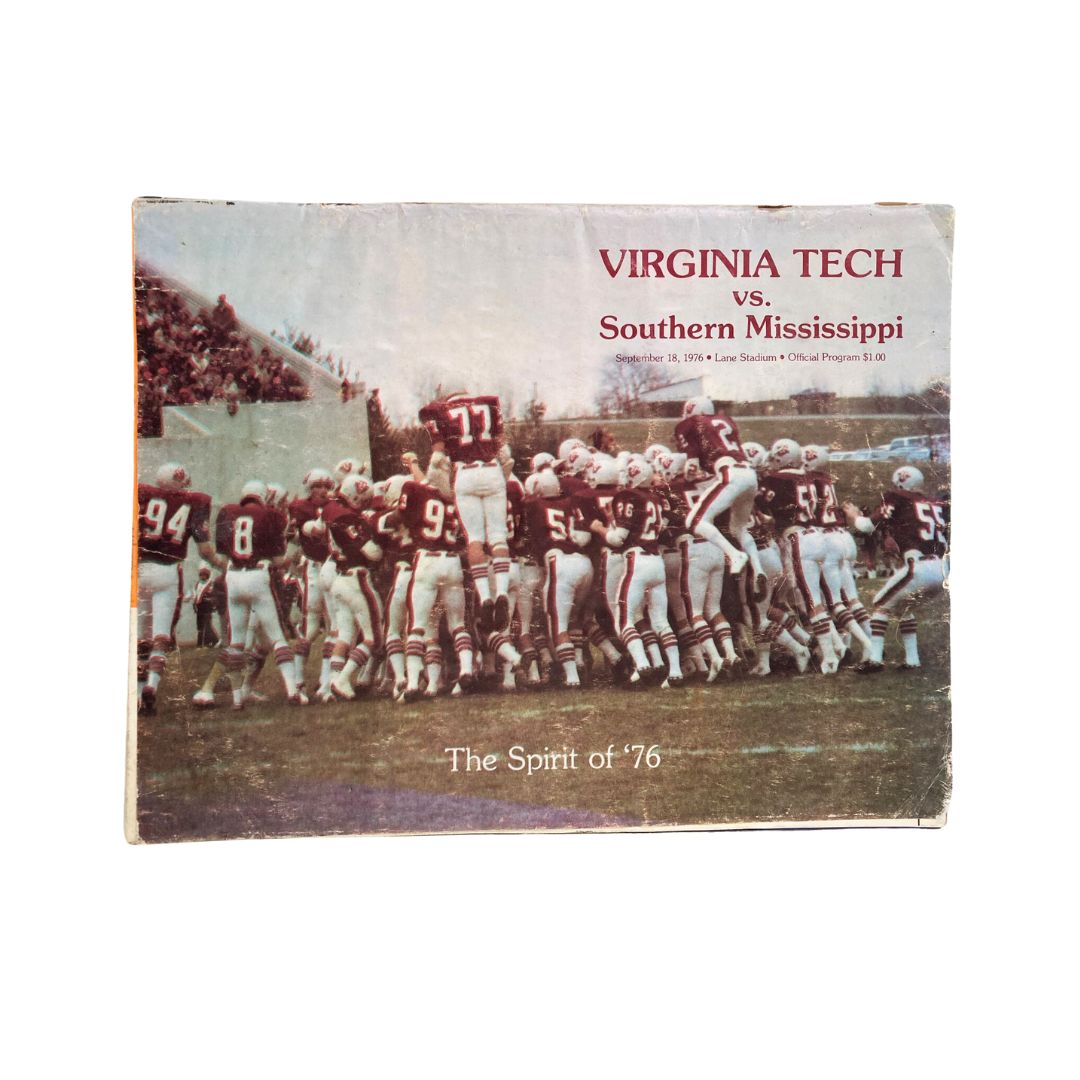 Official program cover for September 18, 1976 Football game between Virginia Tech and Southern Mississippi, featuring players celebrating.