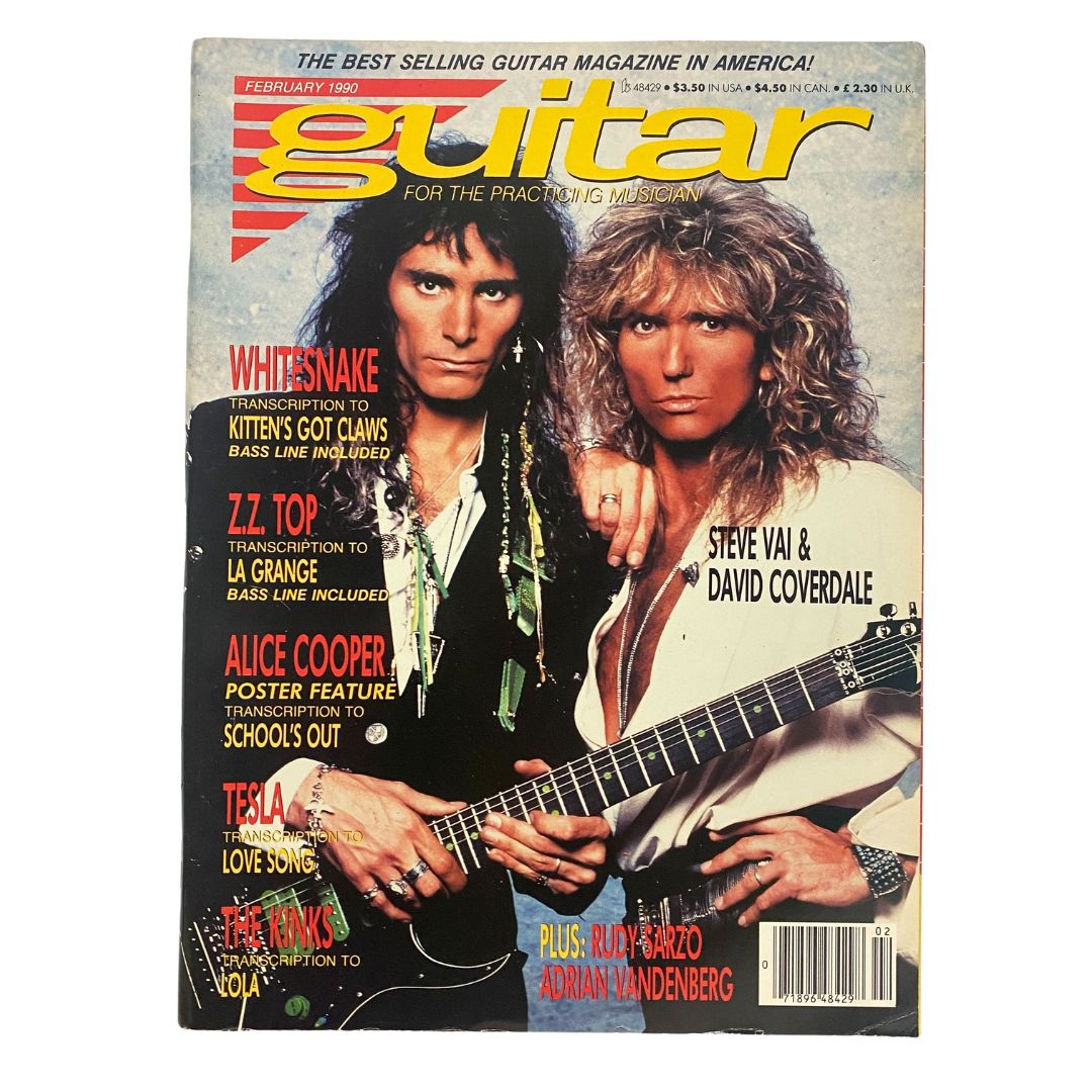 Guitar for the Practicing Musician Magazine February 1990 cover featuring Steve Vai and David Coverdale, showcasing popular artists and guitar-related content.