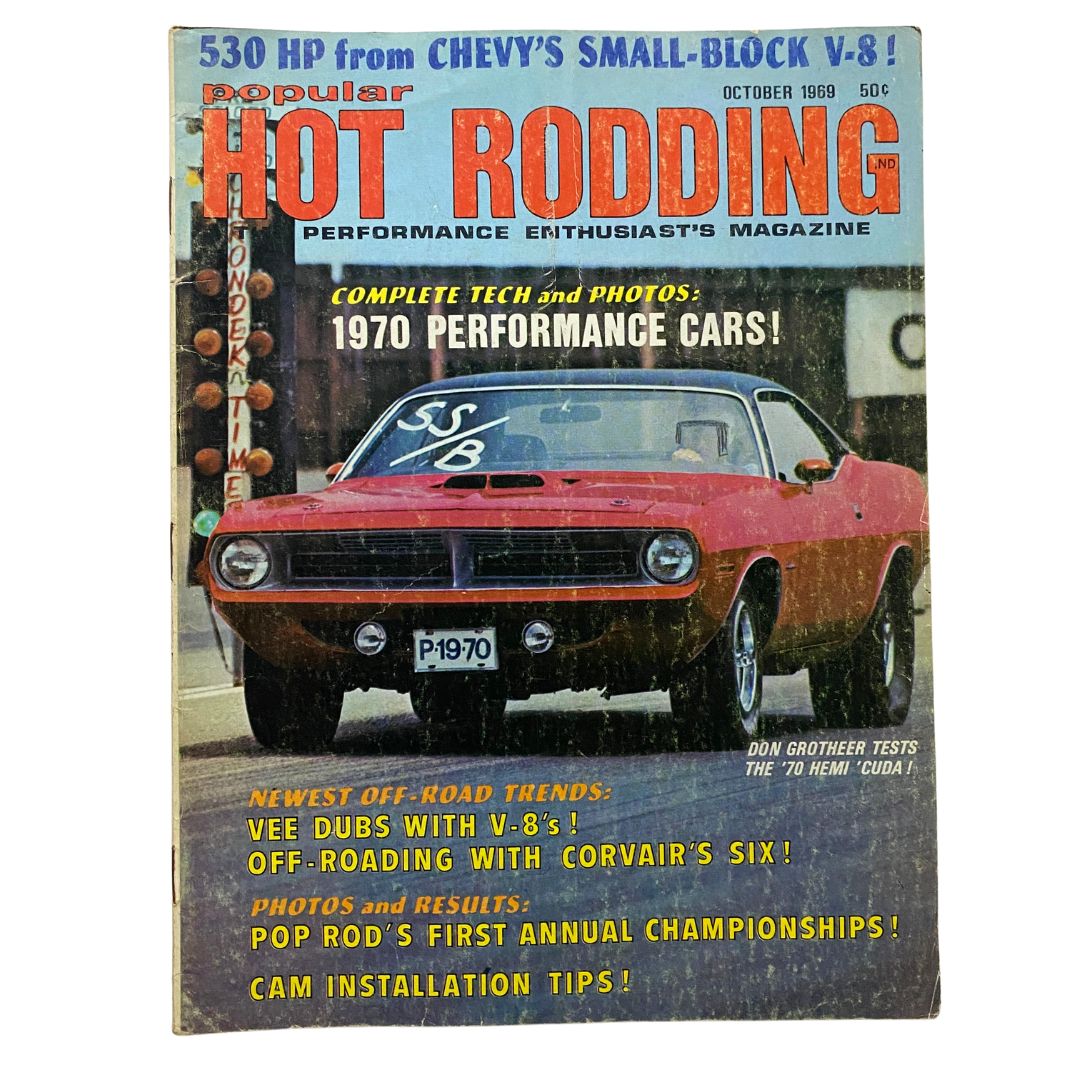 Popular Hot Rodding Magazine October 1969 featuring Don Grotheer '70 Hemi 'Cuda, showcasing a classic muscle car on the cover alongside automotive articles and features.
