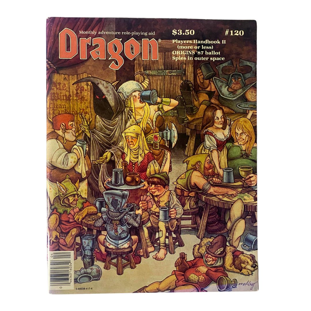 Cover of VTG Dragon Magazine April 1987 No. 120 featuring captivating illustration by Linda Medley, showcasing a lively fantasy scene with characters involved in tabletop gaming.