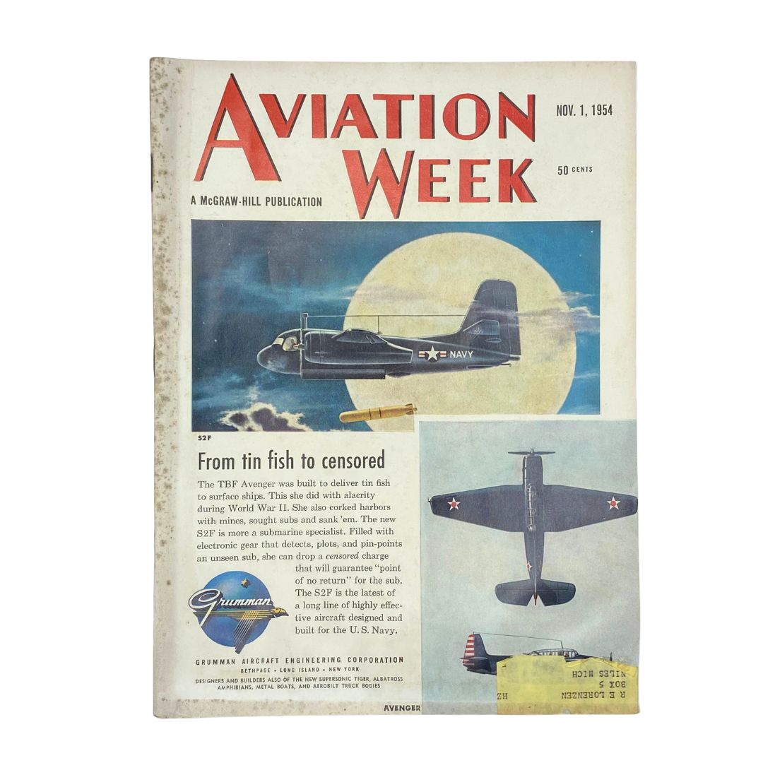 VTG Aviation Week Magazine November 1 1954 cover featuring the TBF Avenger aircraft, showcasing the title 'From Tin Fish To Censored' with vibrant graphics.