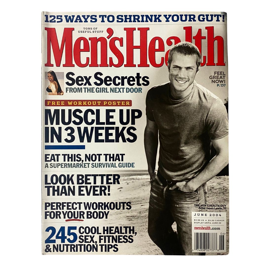 Men's Health Magazine June 2004 cover featuring actor Jason Lewis. This vintage magazine showcases health and fitness topics with headlines about muscle building, workout tips, and nutrition secrets. Ideal for collectors of men's lifestyle publications.