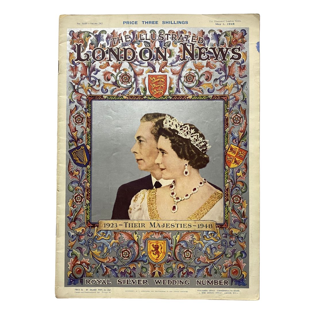 The Illustrated London News May 1 1948 featuring Princess Elizabeth and Philip on the cover. A vibrant illustration celebrates their royal connection, marking a historic moment in British monarchy history.