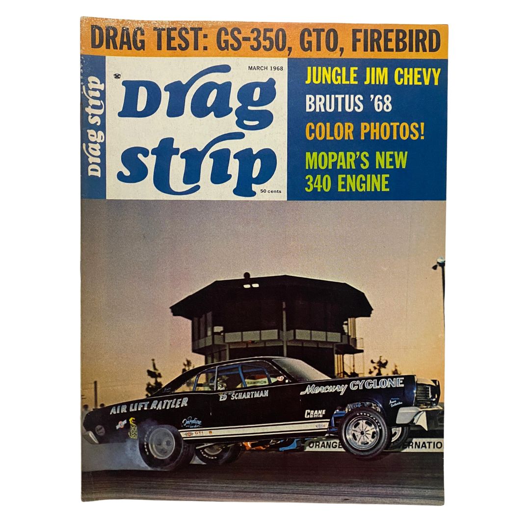 Vintage Drag Strip Magazine March 1968 cover featuring drag tests of GS-350, GTO, and Firebird.