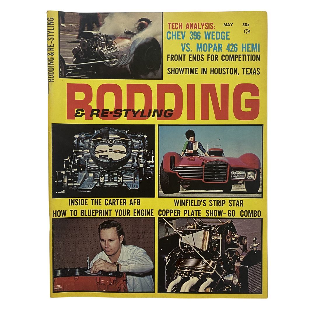 Rodding & Re-Styling Magazine May 1965 cover featuring Winfield's Strip Star, automotive visuals, and articles on hot rodding and engine analysis.