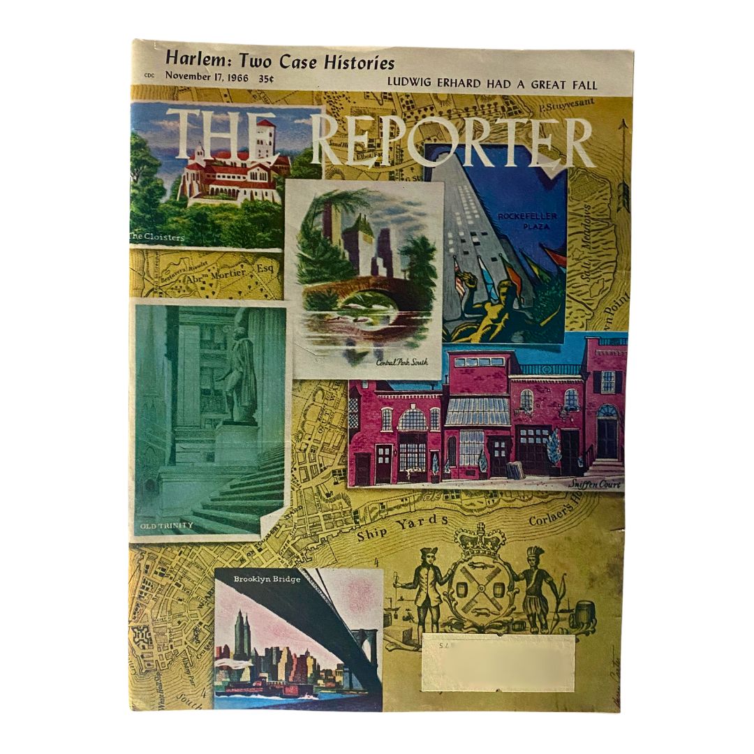 Vintage The Reporter Magazine cover from November 17, 1966 featuring the article 'Harlem: Two Case Histories' showcasing illustrations of iconic New York locations, including Brooklyn Bridge and Rockefeller Plaza.