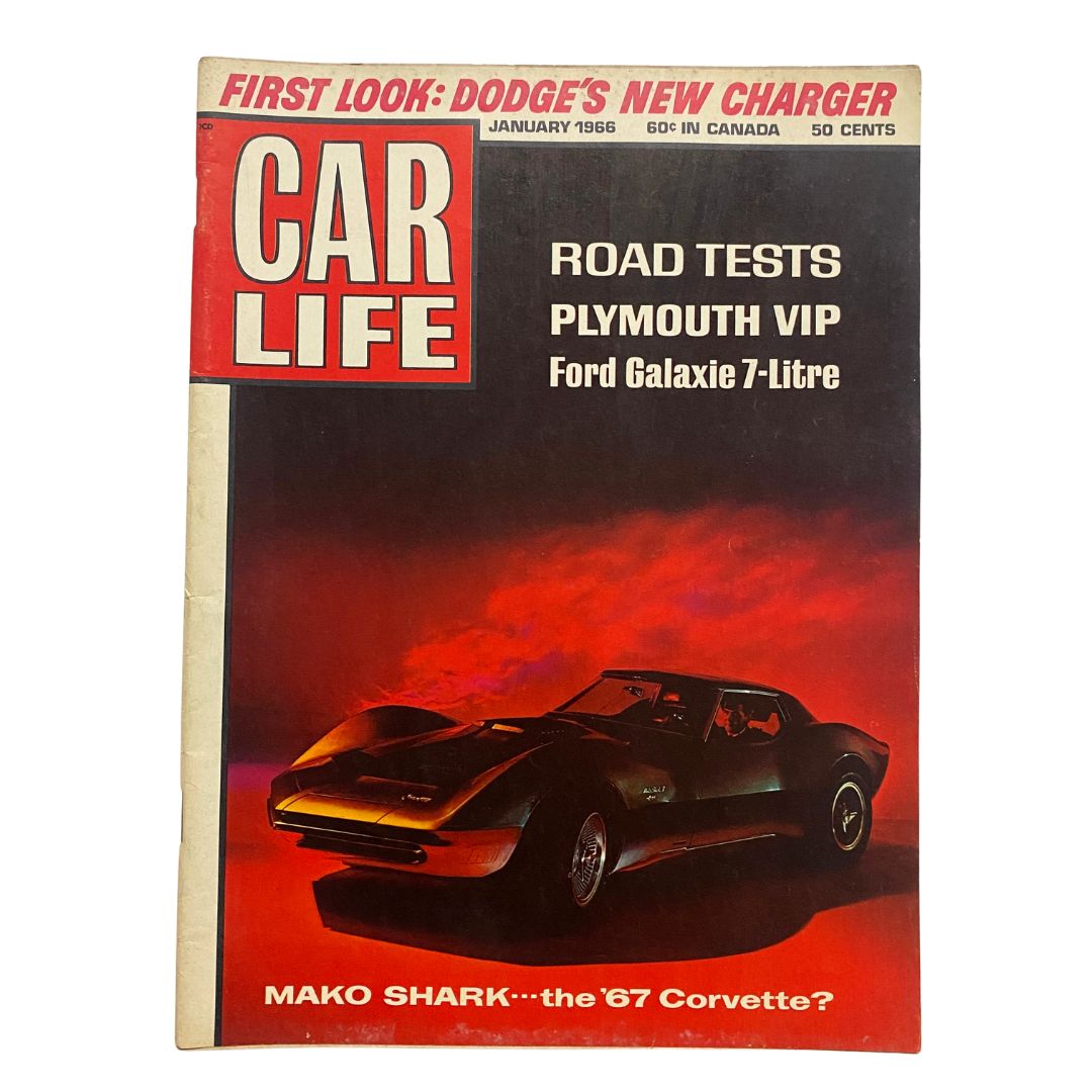 Cover of VTG Car Life Magazine January 1966 featuring Plymouth VIP and Ford Galaxie 7-Litre, showcasing a classic car in a dramatic setting.
