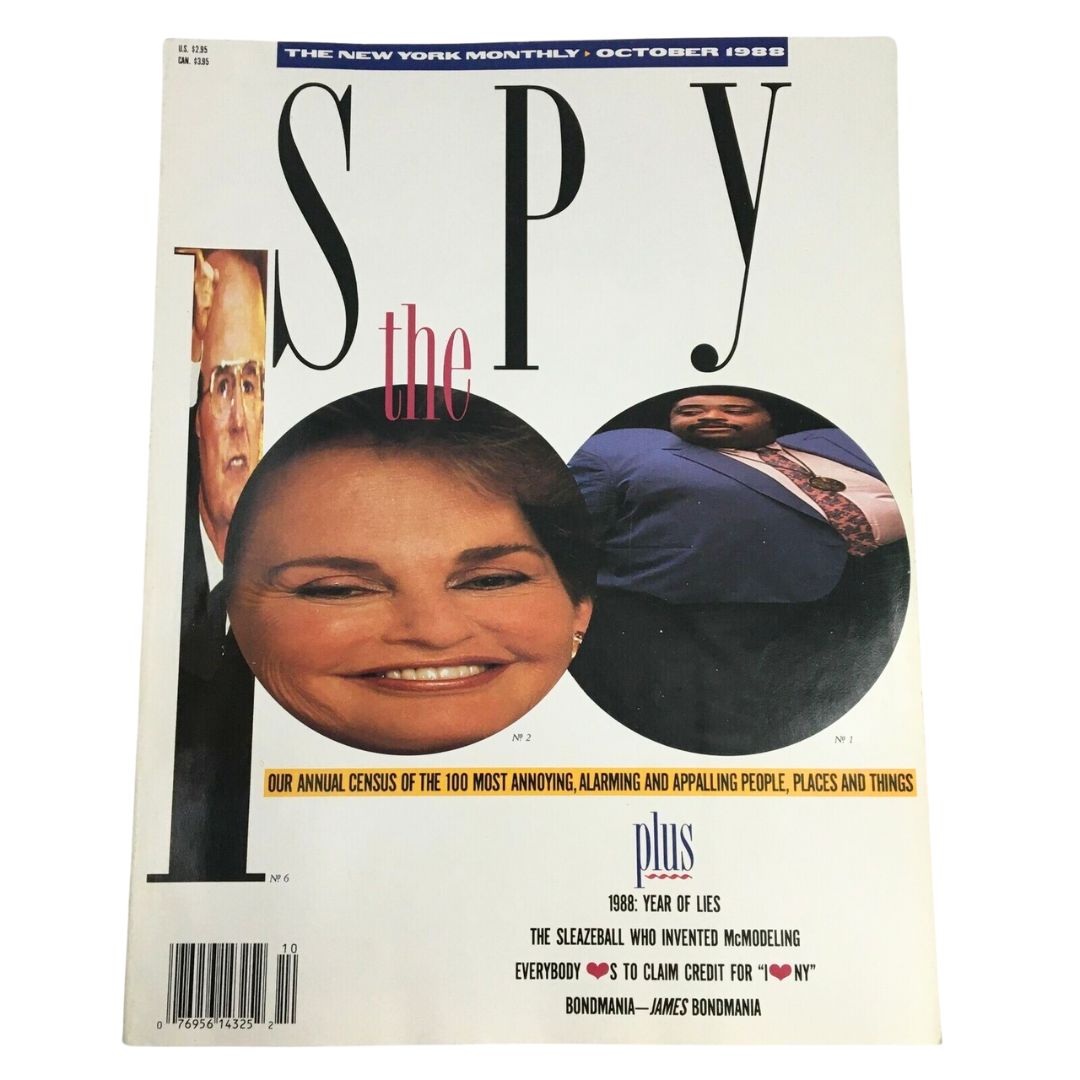Cover of Spy Magazine from October 1988 featuring a collage of notable figures including Donald Trump, showcasing the theme of the 100th Census and James Bondmania, in Very Good condition.