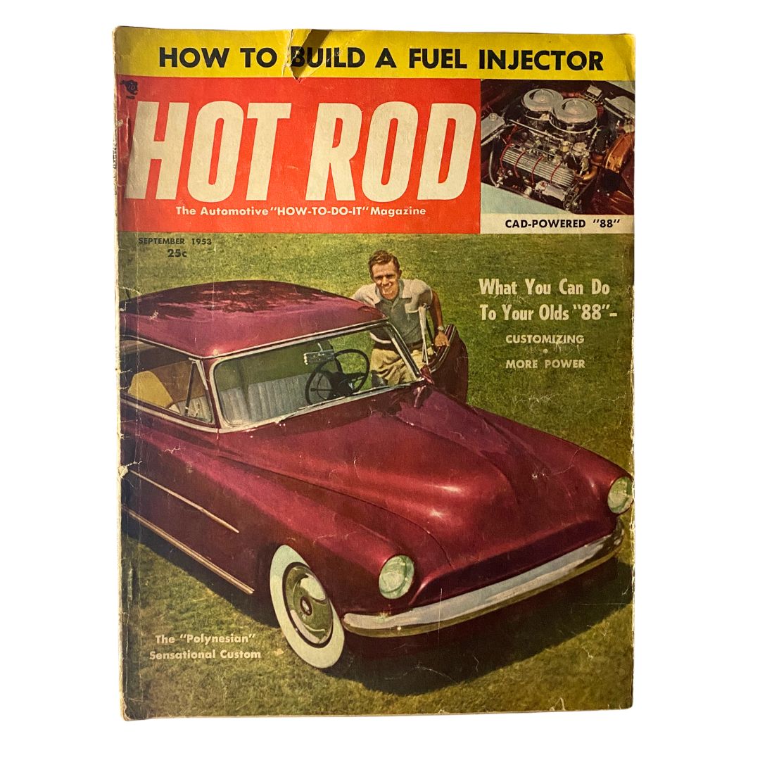 VTG Hot Rod Magazine September 1953 showcasing a custom purple hot rod on the cover, featuring a man beside the car.