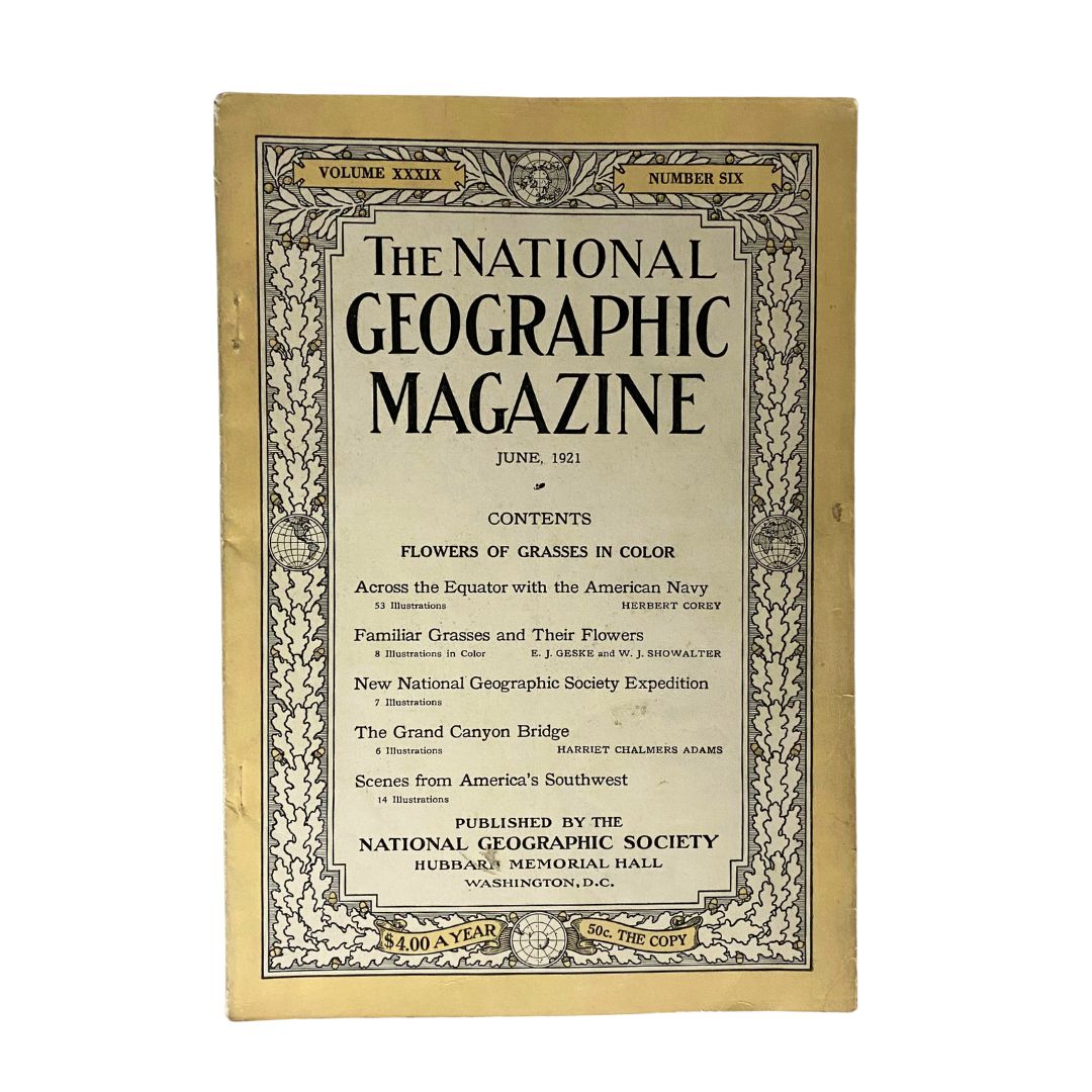 VTG National Geographic Magazine June 1921 featuring the cover page with title 'Flowers of Grasses in Color', highlighting contents and articles related to botanical species and nature.