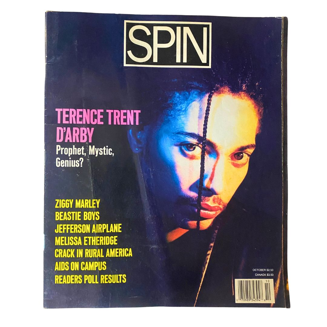 VTG Spin Magazine October 1989 cover featuring Terence Trent D'Arby with the headline 'Prophet, Mystic, Genius?' showcasing vibrant colors and iconic design.