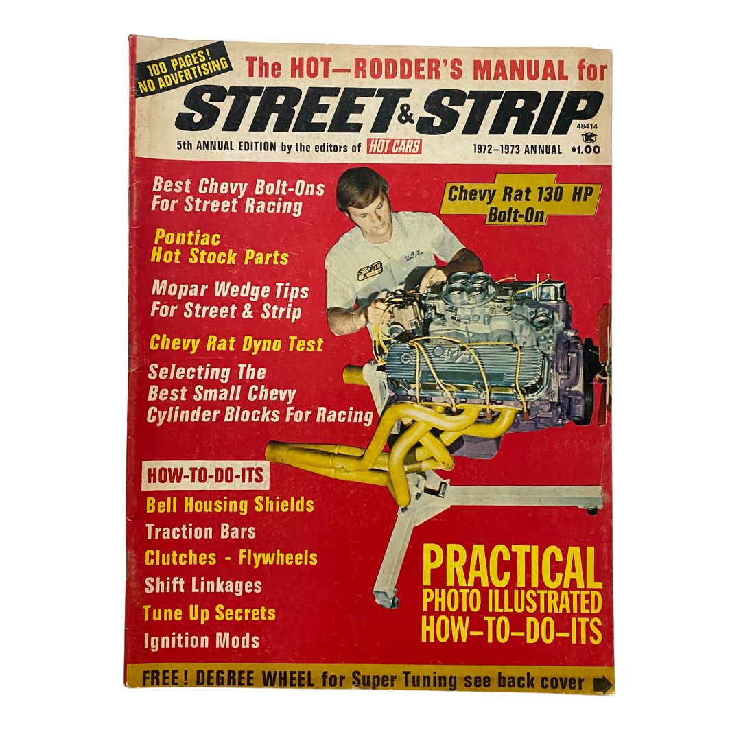 Cover of 'The Hot Rodder's Manual for Street & Strip 1972-1973 Annual' featuring automotive content and illustrations related to car racing and modifications.