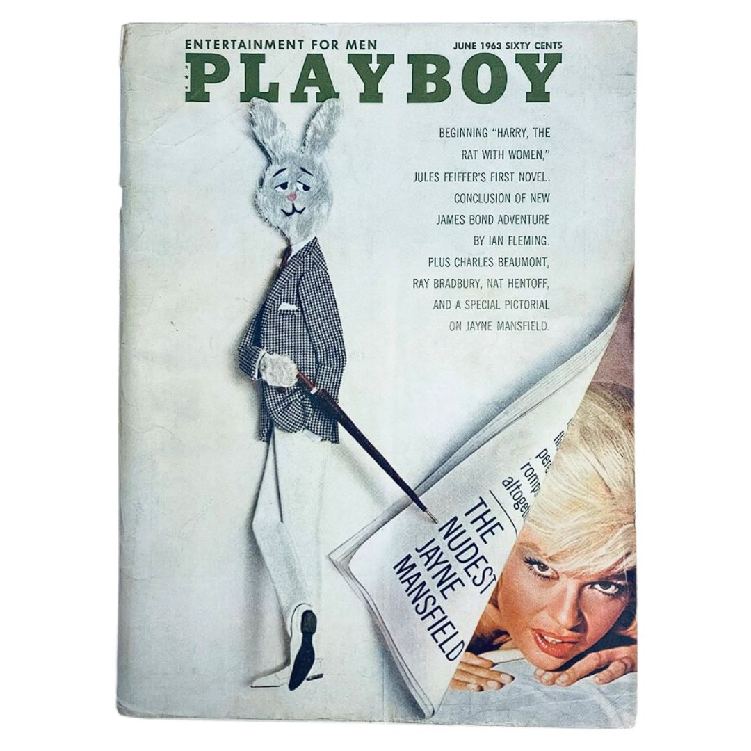Vintage Playboy Magazine June 1963 cover featuring a whimsical rabbit in a tuxedo, promoting articles and photos of Jayne Mansfield and an iconic era of entertainment.