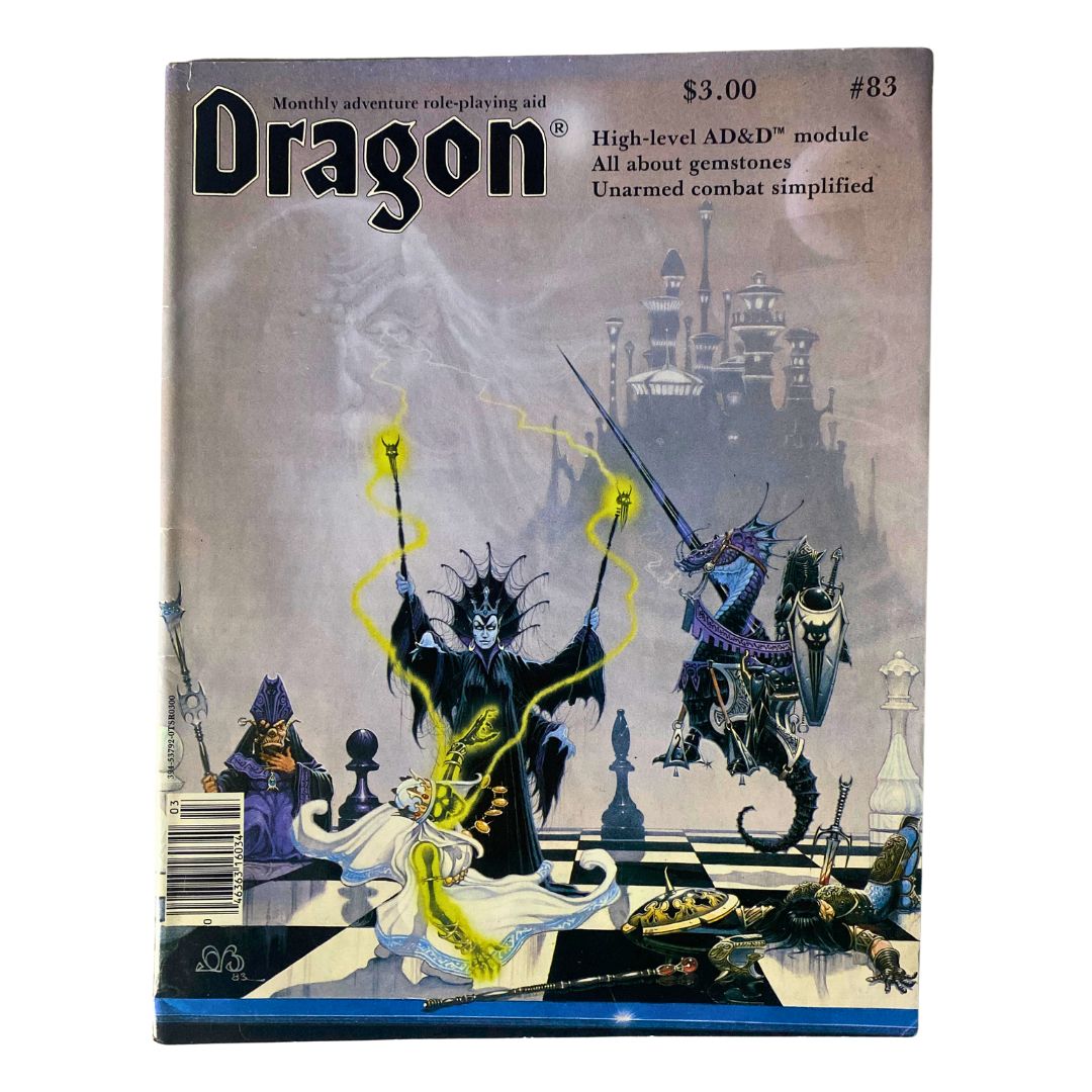 Cover of VTG Dragon Magazine March 1984 #83 featuring 'The Dancing Hut' with fantasy artwork depicting mystical characters and a dark castle background, a must-have for role-playing game enthusiasts and collectors.