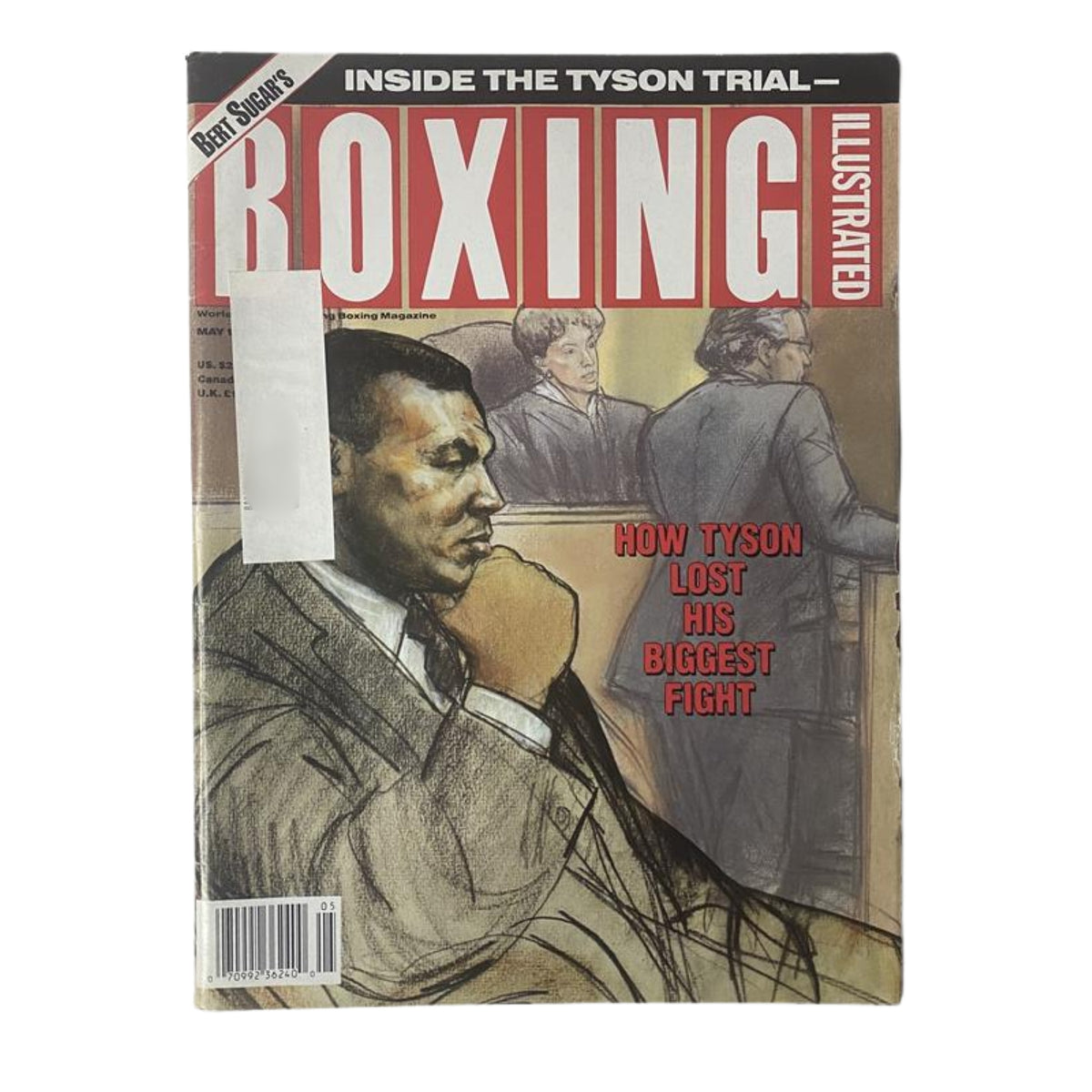 Cover of Boxing Illustrated Magazine, May 1992 featuring Mike Tyson, showcasing the theme 'How Tyson Lost His Biggest Fight' with an illustration that captures the atmosphere of the Tyson trial.