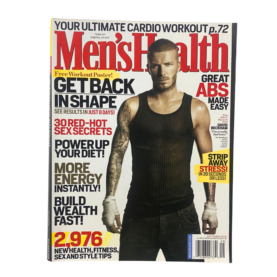 Men's Health Magazine September 2008 featuring David Beckham on the cover, showcasing fitness and lifestyle tips with a focus on health for men. The cover emphasizes getting back in shape and highlights articles on energy, nutrition, and stress management.