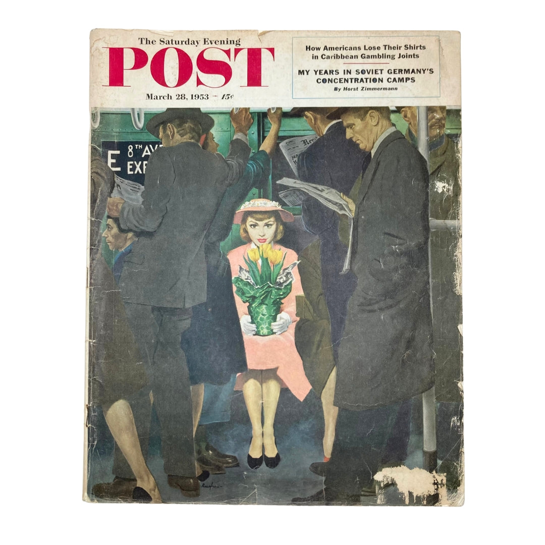 Cover of the Saturday Evening Post Magazine March 28 1953 featuring 'Miss Spring' by artist Hughes, showcasing a woman holding flowers amidst a group of men.