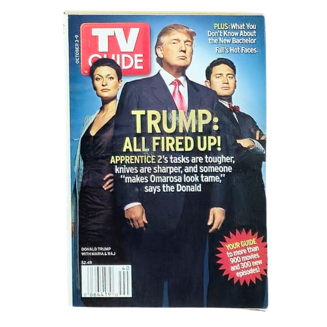 TV Guide Magazine October 3 2004 featuring Donald Trump on the cover with the title 'Trump: All Fired Up!' showcasing the iconic figure in a stylish suit surrounded by two cast members, emphasizing the entertainment climate of the early 2000s.