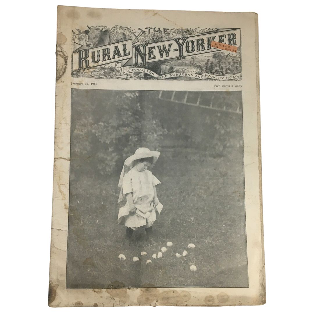 Cover of The Rural New Yorker Magazine dated January 30, 1915 featuring a child standing in a grassy area with eggs, part of the issue titled The Great American Bird Plymouth.