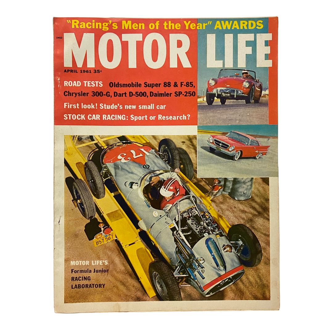 Cover of VTG Motor Life Magazine April 1961 highlighting Formula Junior Racing Laboratory with images of race cars and a special feature on automotive awards.