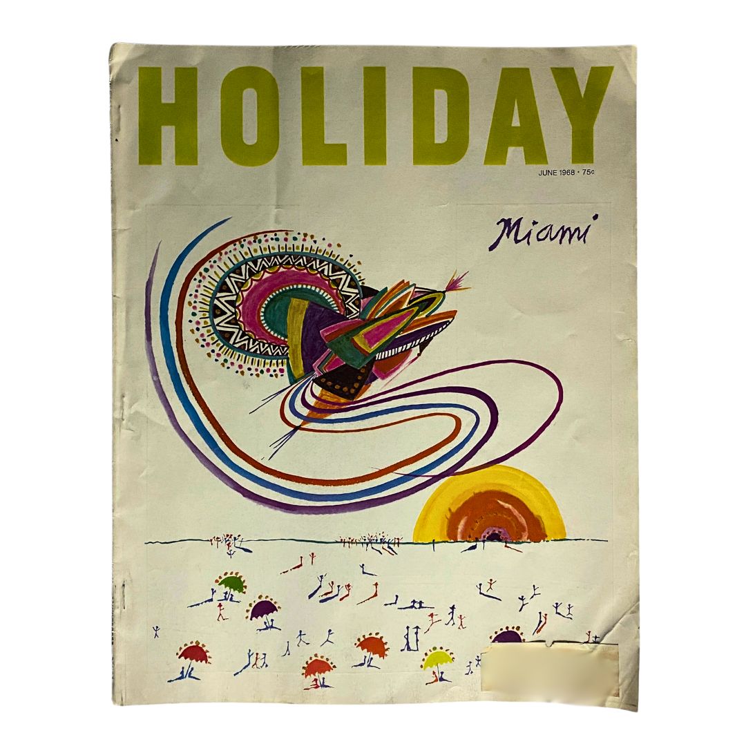 Cover of VTG Holiday Magazine June 1968 featuring vibrant artwork by John Rombola, depicting a beach scene and summer vibes associated with the article 'Warm-Weather Love'.