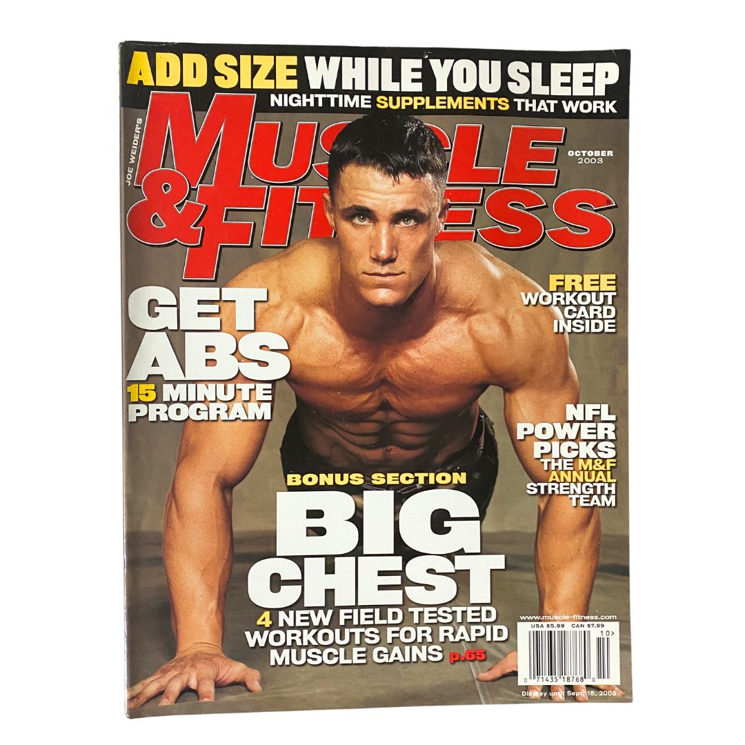 Muscle & Fitness Magazine October 2003 featuring Greg Plitt on the cover, showcasing fitness themes and workouts from the early 2000s.