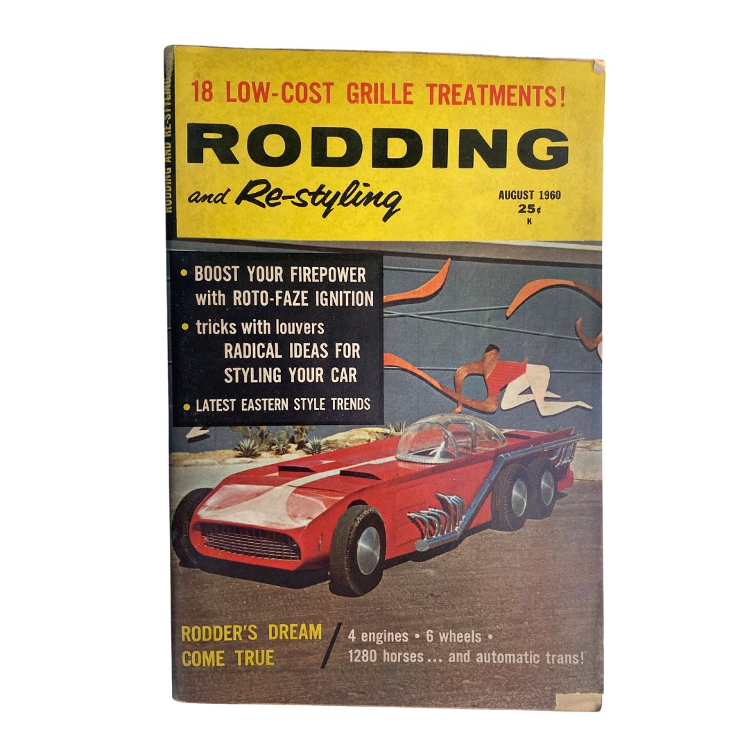 Cover of VTG Rodding & Re-Styling Magazine August 1960 featuring a custom car design and bold text announcing topics like boosting firepower and styling ideas.
