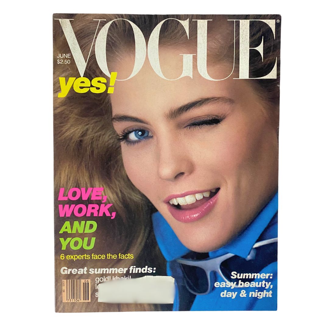 June 1981 Vogue Magazine cover featuring Kim Alexis by Richard Avedon, showcasing the model's glamorous style and chic fashion from the 1980s.