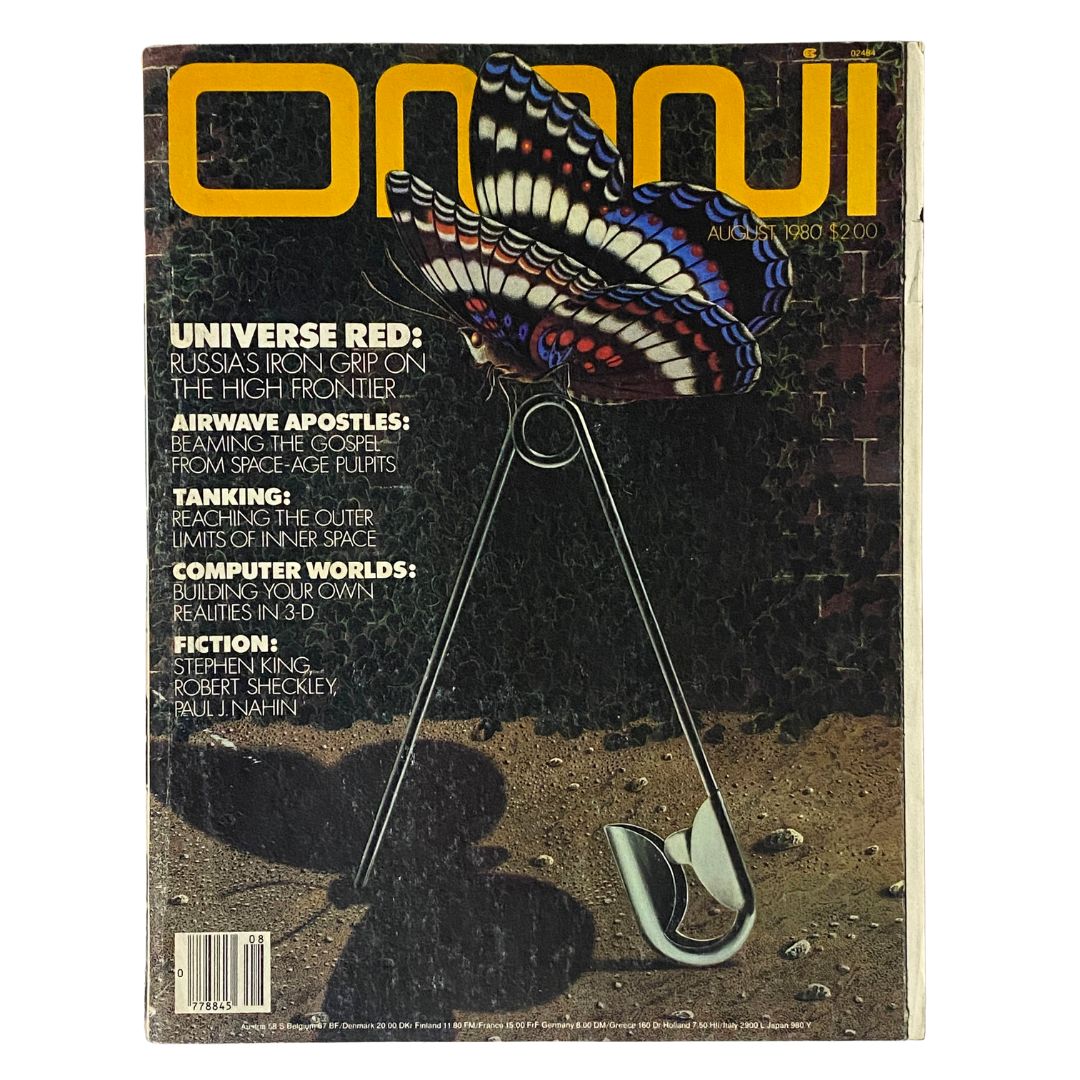 Cover of VTG Omni Magazine August 1980, featuring the title 'Russia's Iron Grip on The Higher Frontier' alongside a vibrant butterfly design.