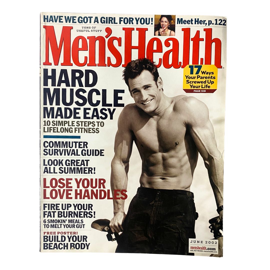 Men's Health Magazine June 2002 featuring a fitness model with a muscular physique, promoting '10 Simple Steps To Lifelong Fitness'. The cover includes articles on achieving hard muscle and weight loss strategies.