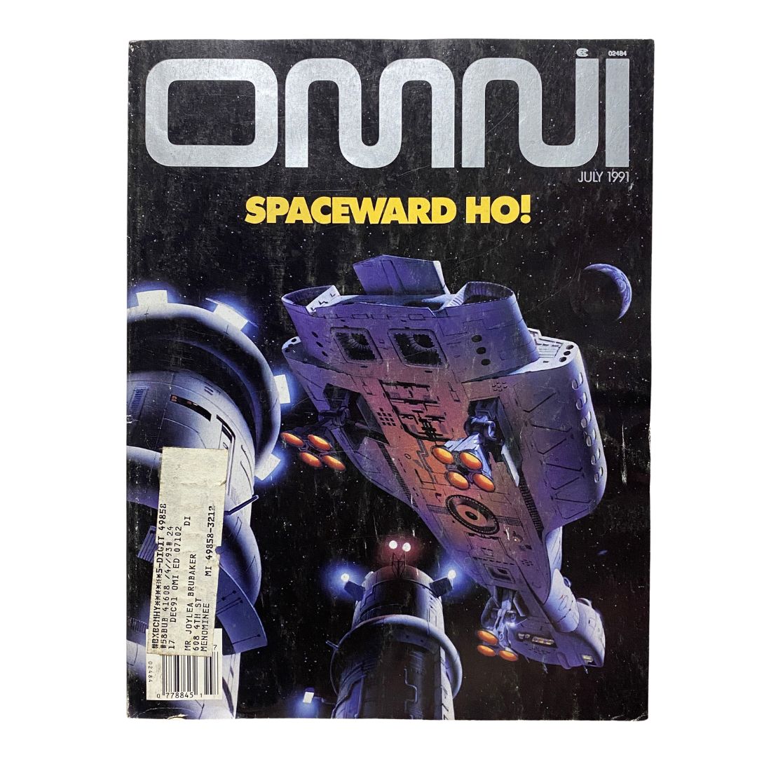 Cover of Omni Magazine July 1991, Volume 13, Number 10 featuring the title Spaceward Ho! with a visually striking illustration of a spaceship in space.