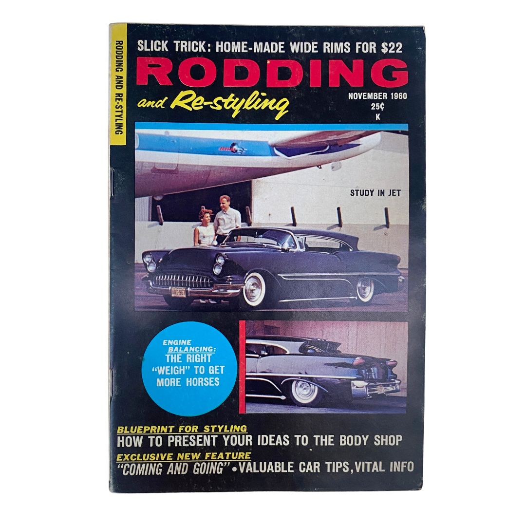 Cover of Rodding & Re-Styling Magazine November 1960 featuring a classic car and highlighting drag racing tips.