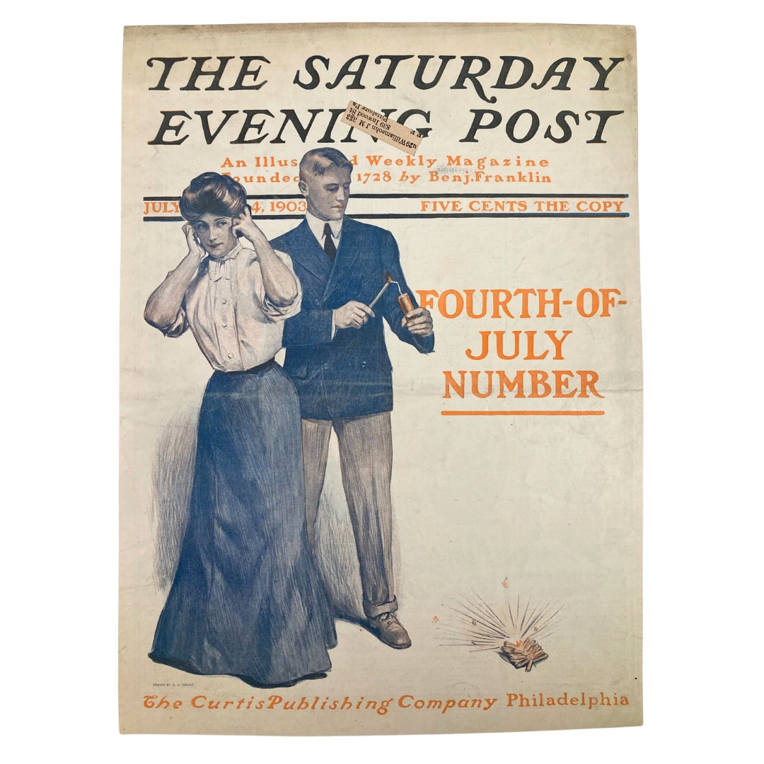 Cover of The Saturday Evening Post July 4 1903 Fourth-of-July Number, showcasing a classic illustration of a couple with a firecracker, emblematic of Independence Day celebrations.