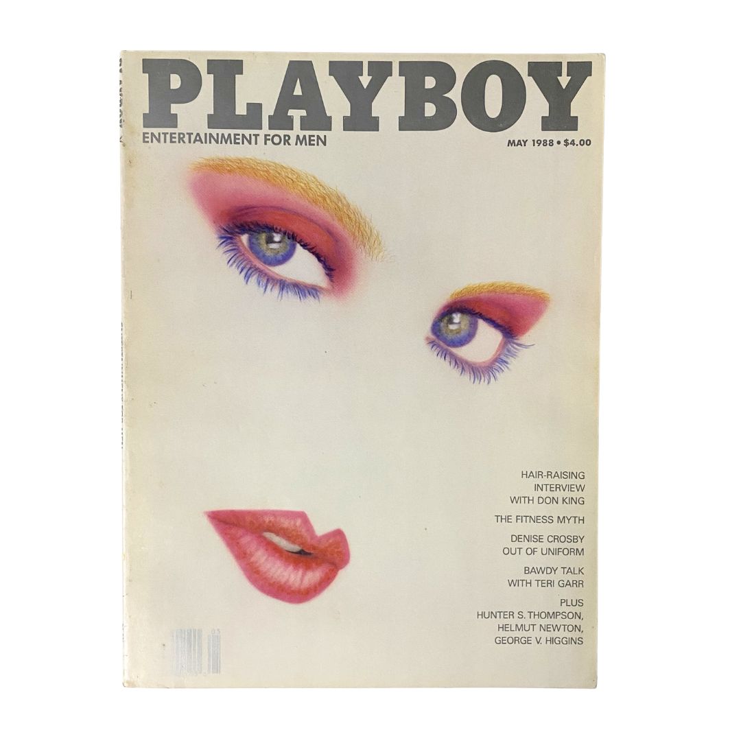 Cover of Playboy Magazine May 1988 featuring artistic design and eye-catching colors, highlighting the title 'Playboy Entertainment for Men.' This iconic issue includes articles and photography from a transformative period in magazine history.