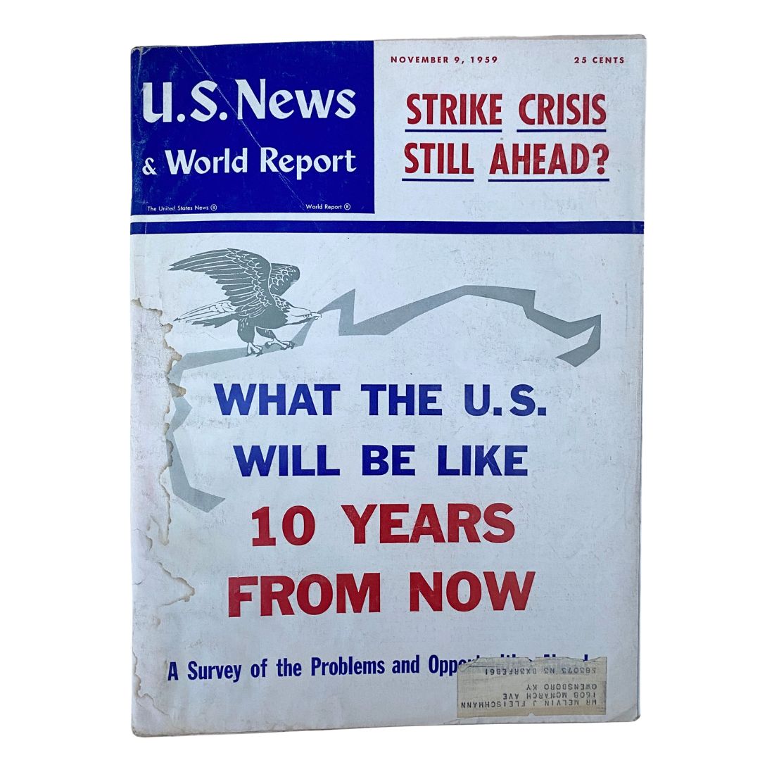 Cover of US News & World Report Magazine from November 9, 1959, featuring the headline 'Strike Crisis Still Ahead?' with imagery depicting the political climate of the era.