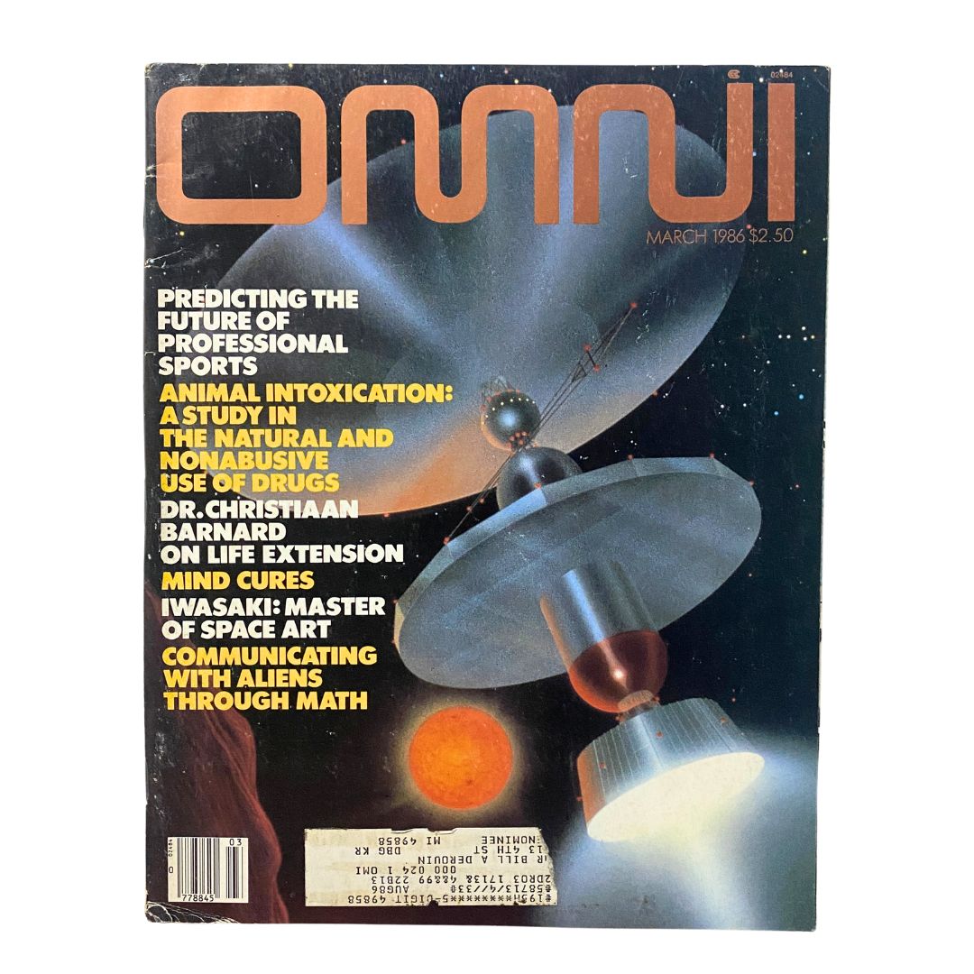 Cover of VTG Omni Magazine March 1986 featuring Dr. Christiaan Barnard discussing life extension and various scientific topics, with a vibrant space-themed illustration.