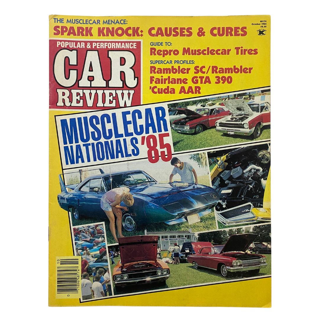 Cover of Popular & Performance Car Review Magazine from October 1985 featuring 'Muscle Car Nationals '85'. Highlights include articles on muscle cars and detailed profiles of popular automotive performance vehicles.