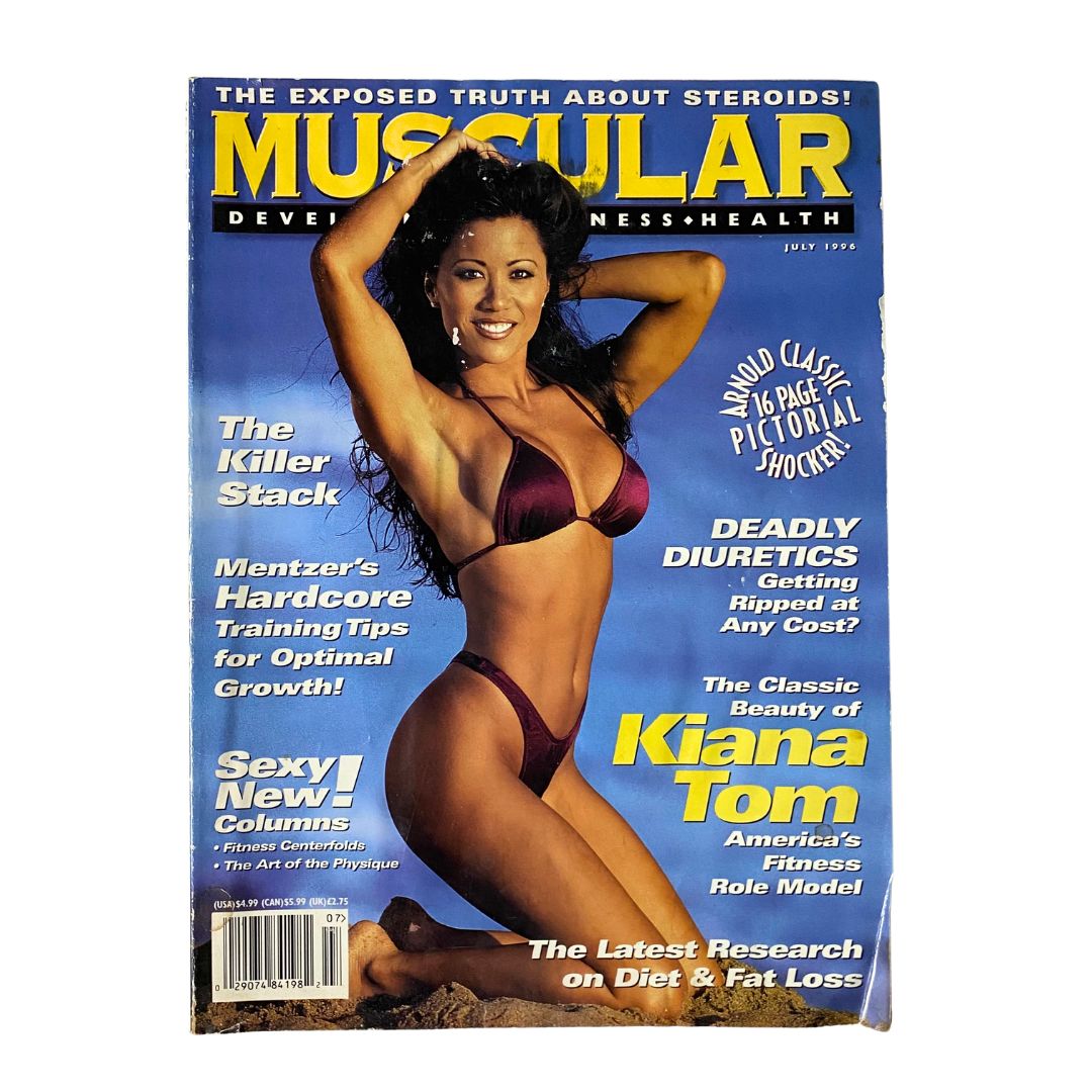 Muscular Development Magazine July 1996 featuring Kiana Tom on the cover, showcasing vintage bodybuilding culture and fitness trends from the 1990s.