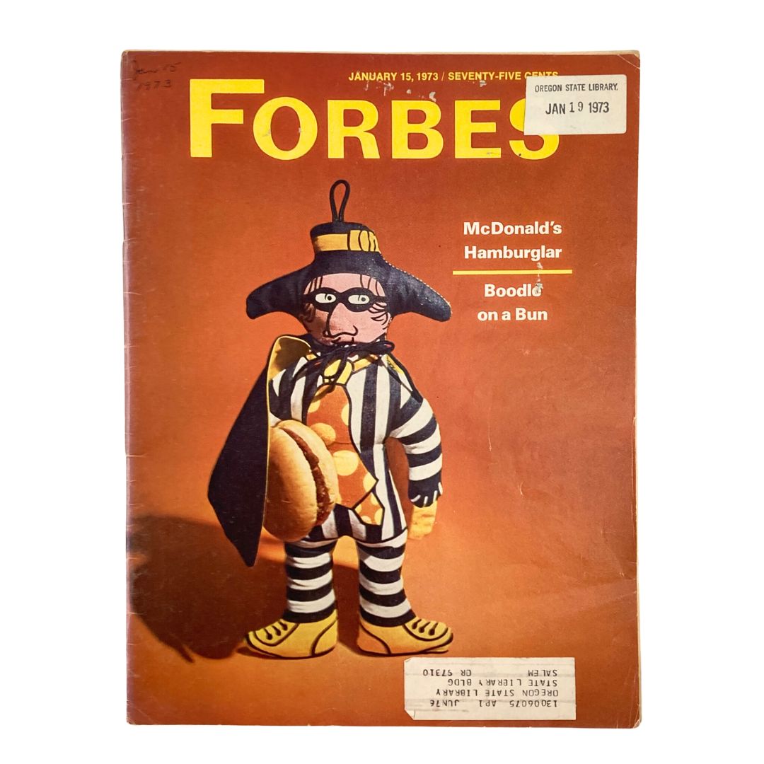 Cover of VTG Forbes Magazine January 15 1973 featuring McDonald's Hamburglar, title 'Boodle on a Bun', showcasing vibrant colors and iconic character design.