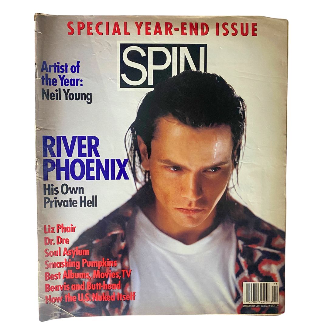 Cover of Spin Magazine January 1994 Vol 9 No. 10 featuring River Phoenix, highlighting 'His Own Private Hell' with articles about Neil Young, Liz Phair, and more.