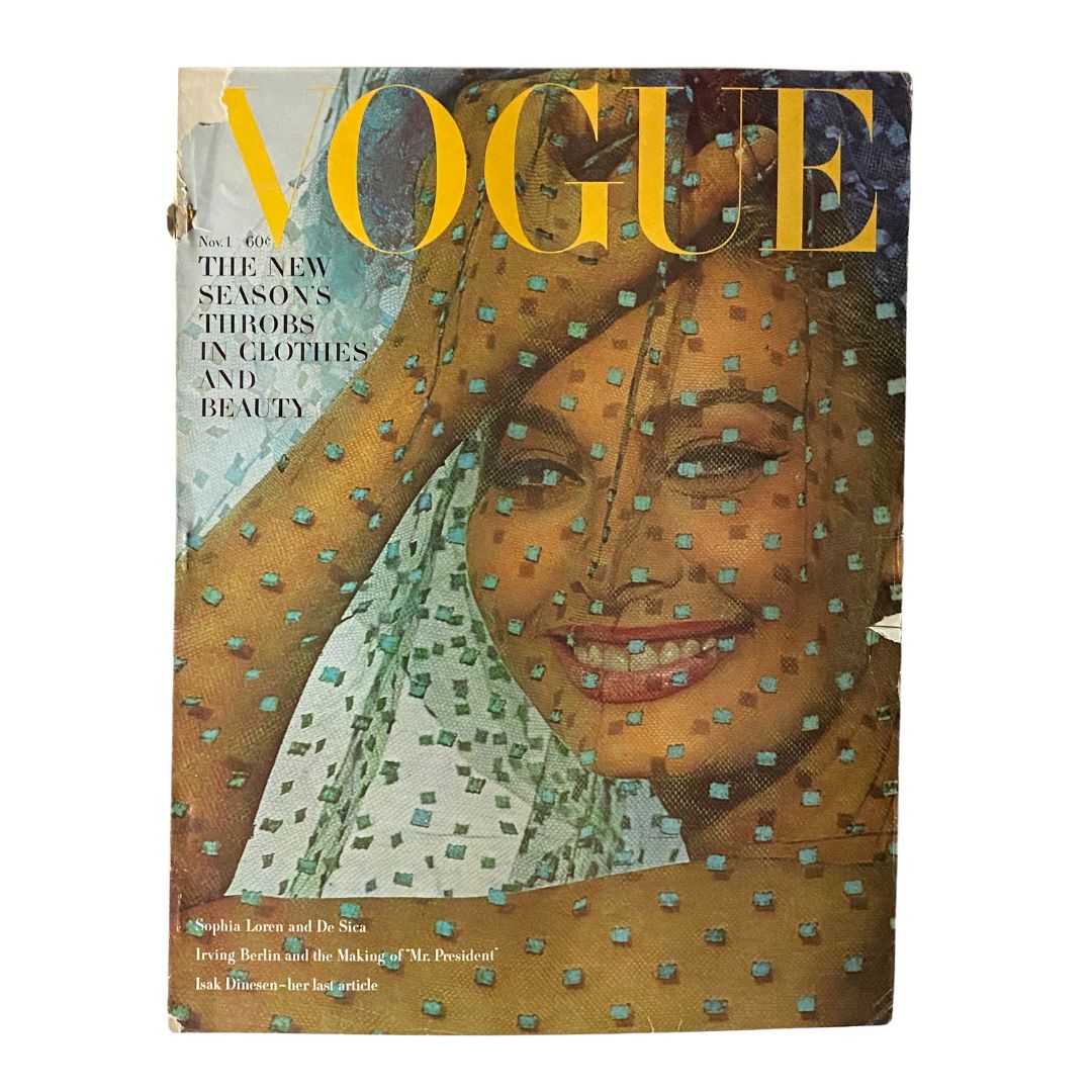 Vintage Vogue Magazine, November 1, 1962: Sophia Loren photographed by Bert Stern on the cover.