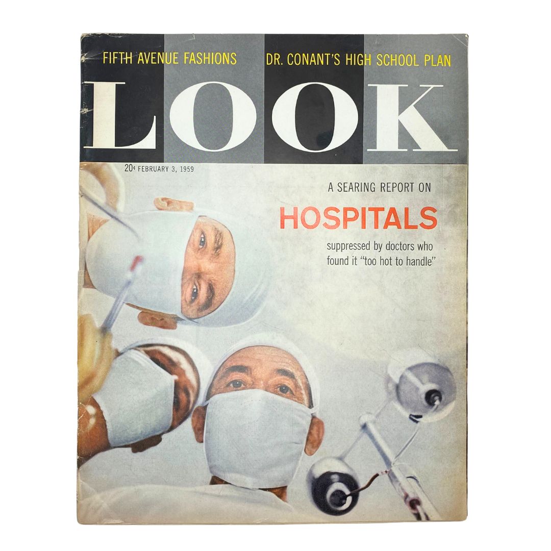 Look Magazine February 3 1959, Vol. 23 No. 3 cover featuring a report on hospitals with medical professionals wearing surgical masks.