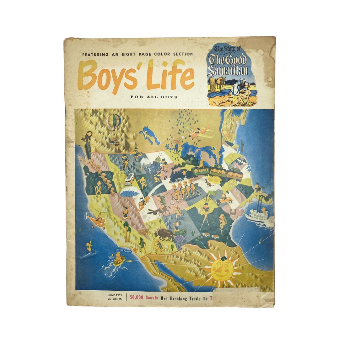 Cover of VTG Boys' Life for All Boys Magazine, June 1953. Features colorful illustrations showcasing outdoor adventures and scouting activities, with a map highlighting the 3rd National Jamboree at Irvin Ranch.