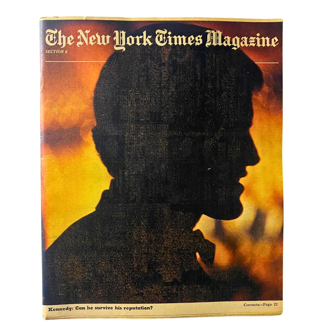 The New York Times Magazine cover from May 24, 1970, featuring a silhouette image and the title 'Kennedy: Can he survive his reputation?' highlighting themes of political intrigue and historical significance.