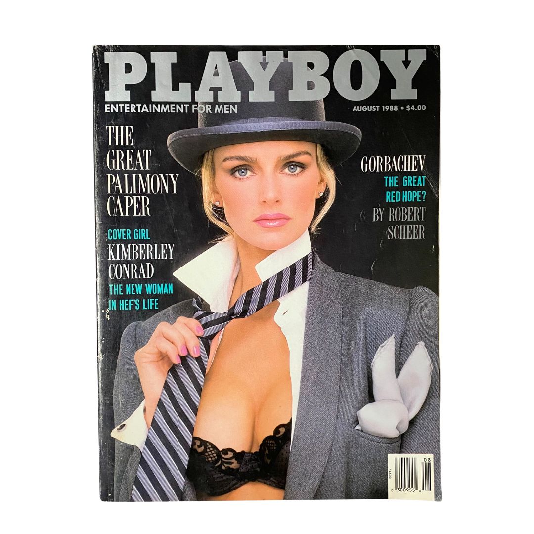Playboy Magazine August 1988 featuring Helle Michaelsen on the cover, showcasing a vintage fashion style with a tuxedo look and bold makeup, capturing the essence of 80s pop culture.