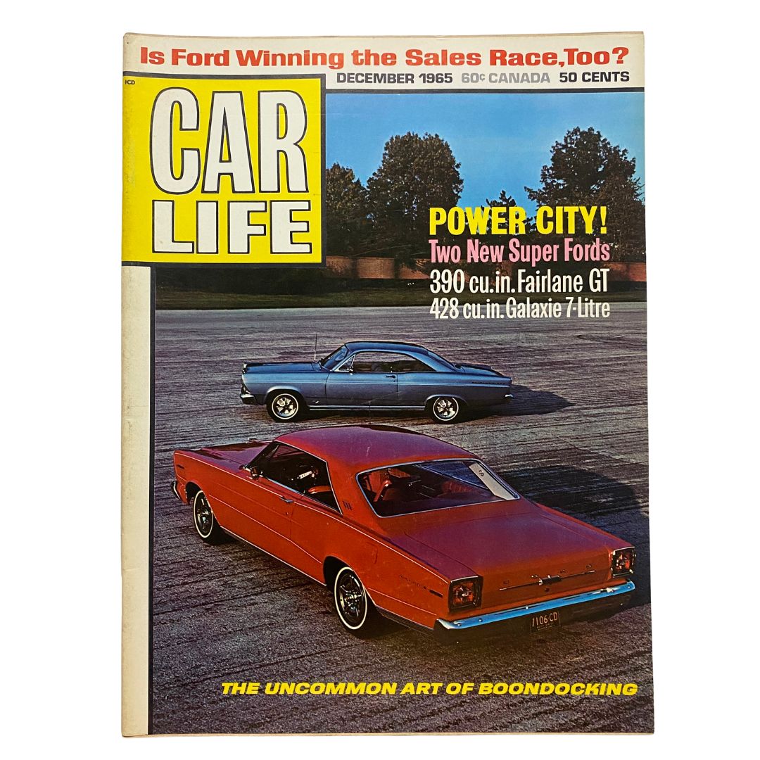 VTG Car Life Magazine December 1965 featuring Fairlane GT and Galaxie 7-Litre on the cover, showcasing iconic classic cars.