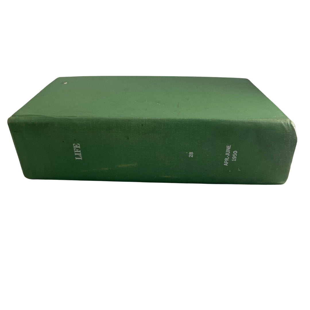 Spine of the vintage 1950 bound LIFE magazine, labeled 'APRIL-JUNE 1950', with a green background symbolizing the historic collection.